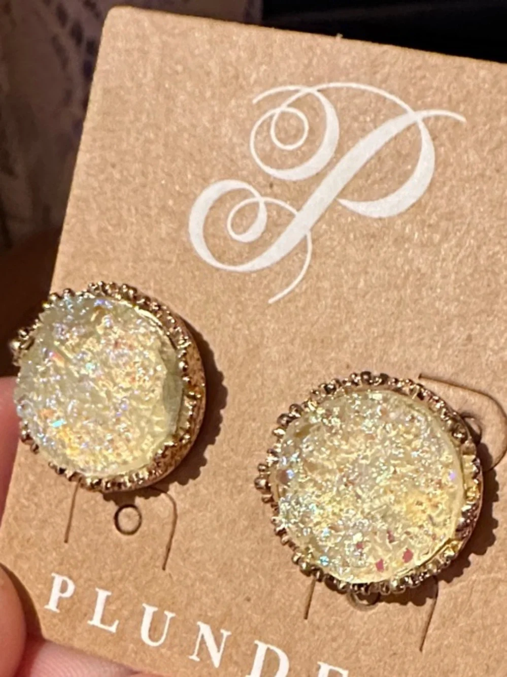 Plunder Gold-Tone Iridescent Cream Druzy Stud Earrings